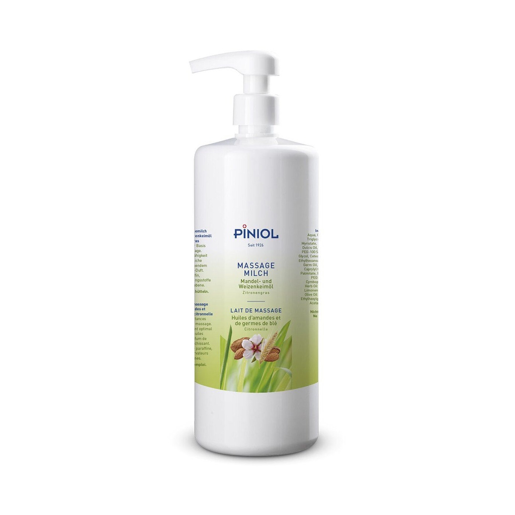 Piniol Massagemilch mit Mandel- und Weizenkeimöl ohne Paraffin mit Zitronengrasduft - 1L