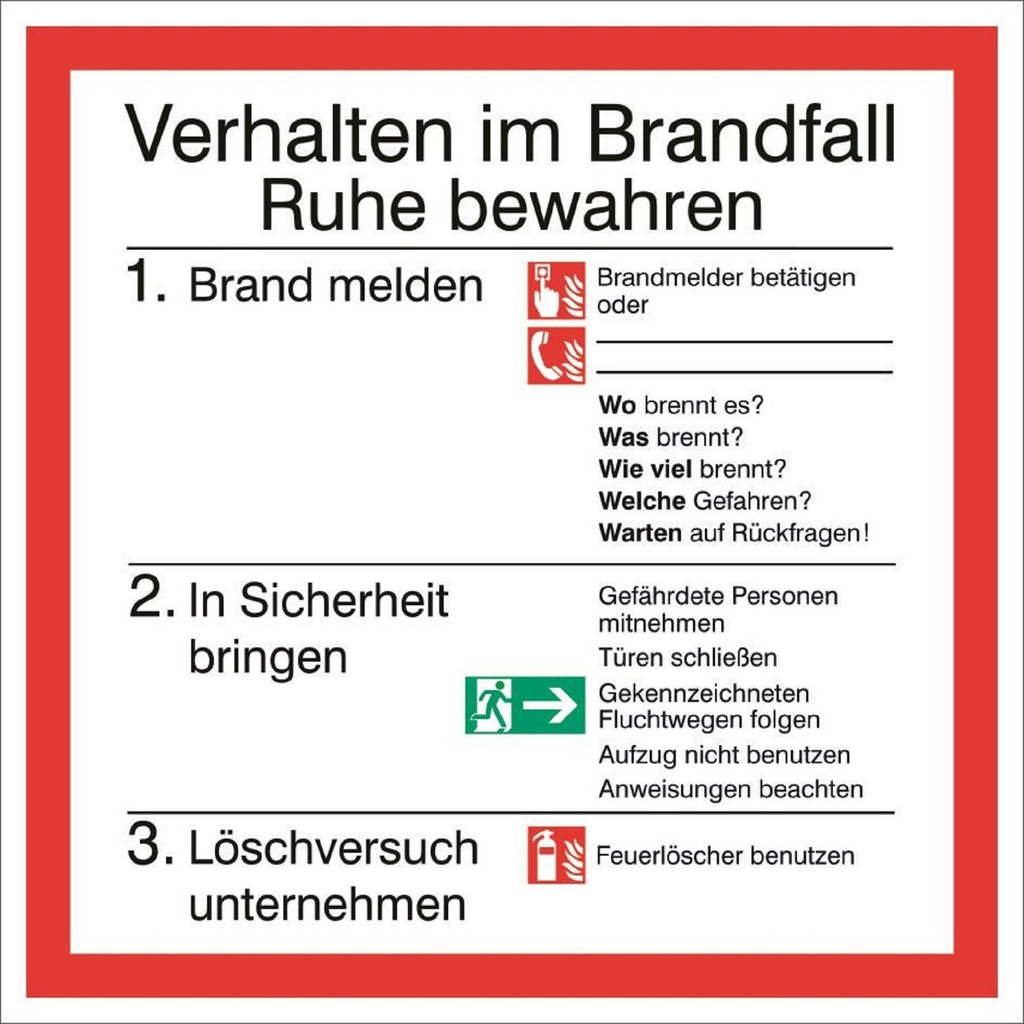 Everglow Rettungszeichen Schild Verhalten im Brandfall 20x20cm