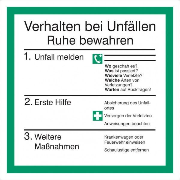Everglow Rettungszeichen Schild Verhalten bei Unfällen 20x20cm