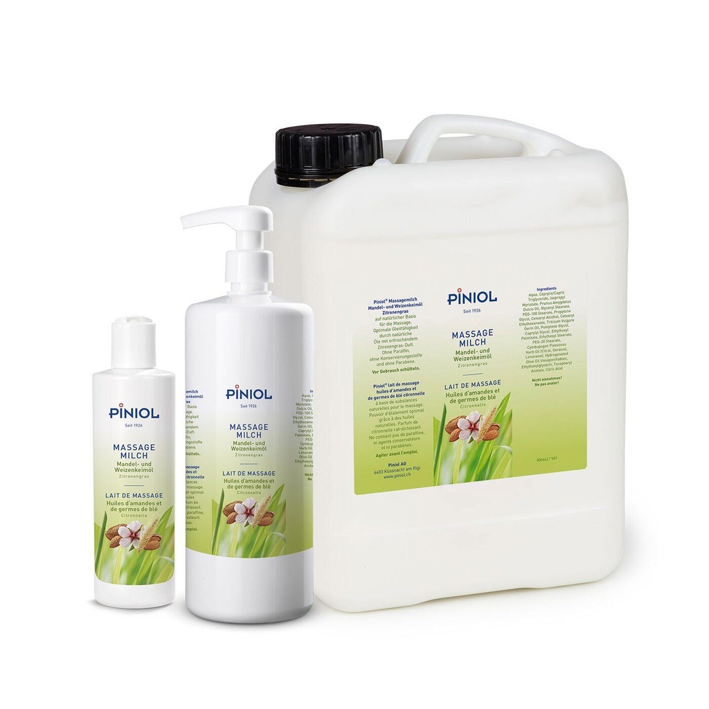 Piniol Massagemilch mit Mandel- und Weizenkeimöl ohne Paraffin mit Zitronengrasduft - 5L